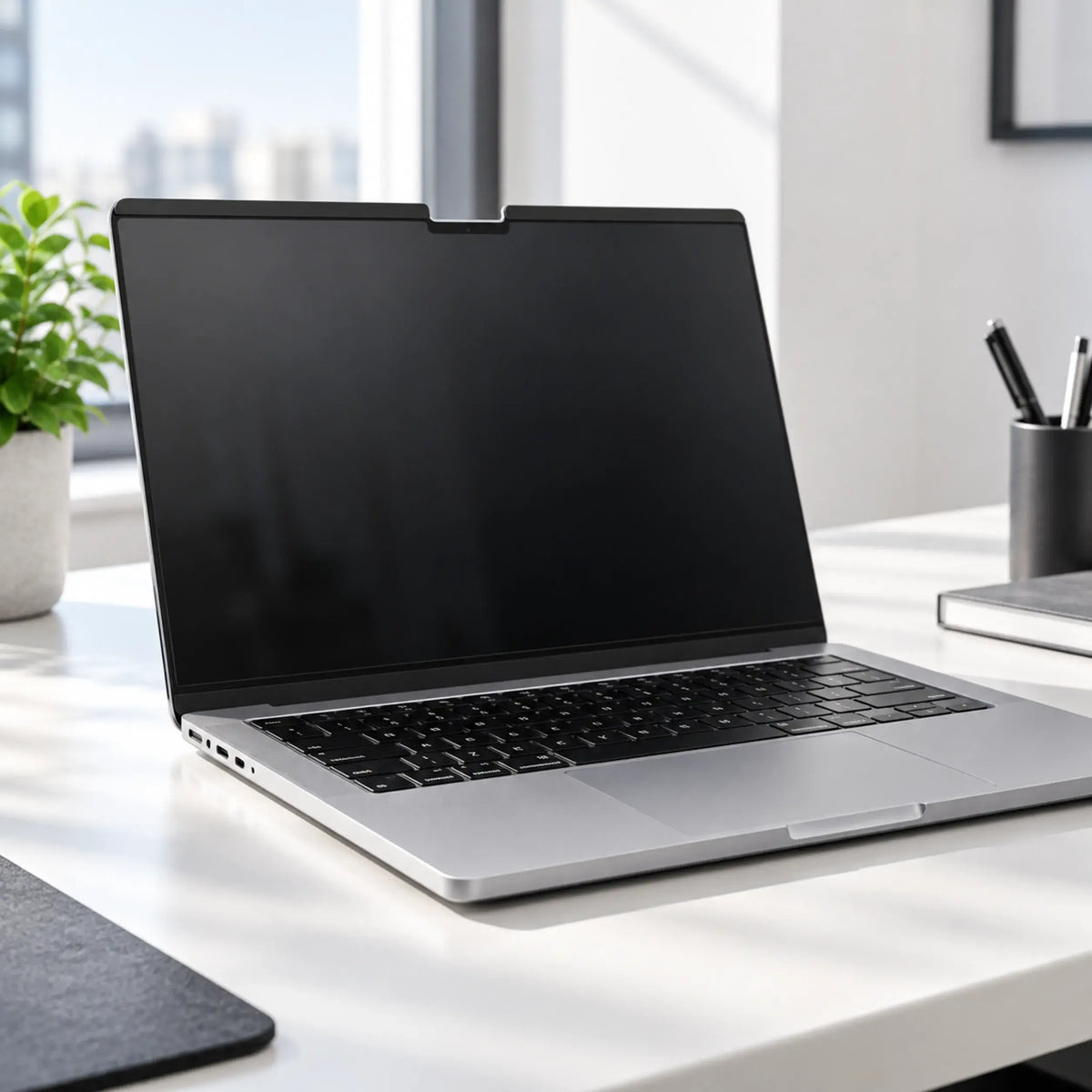 Magnetic privacy screen installed flush on a compatible MacBook display