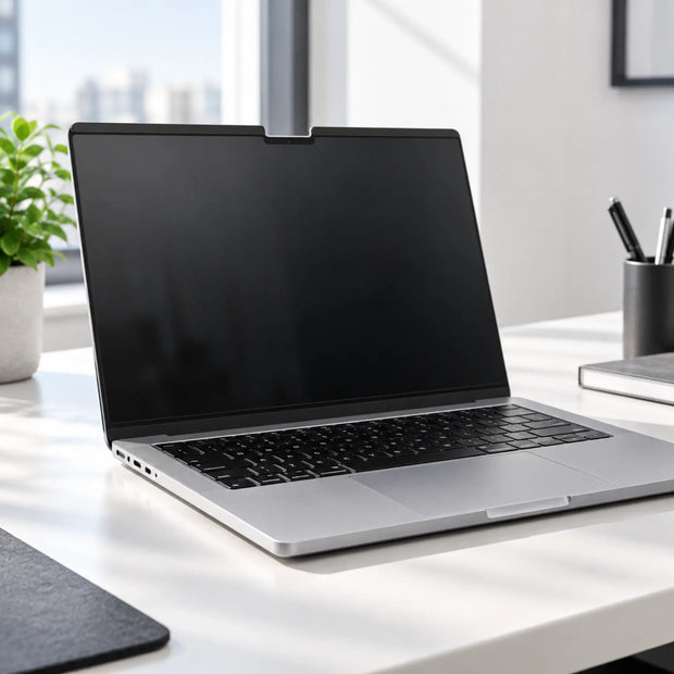 Magnetic privacy screen installed flush on a compatible MacBook display