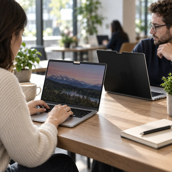 MacBook with magnetic privacy screen being used in a shared workspace