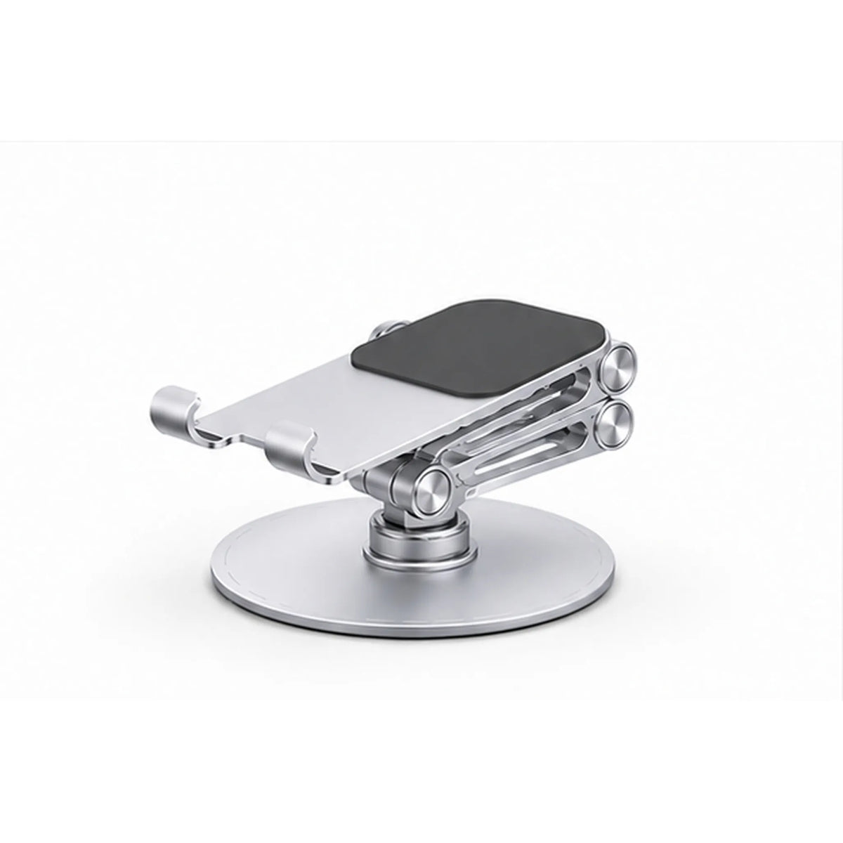 Silver adjustable phone and tablet stand folded into a low-profile viewing position