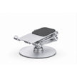 Silver adjustable phone and tablet stand folded into a low-profile viewing position