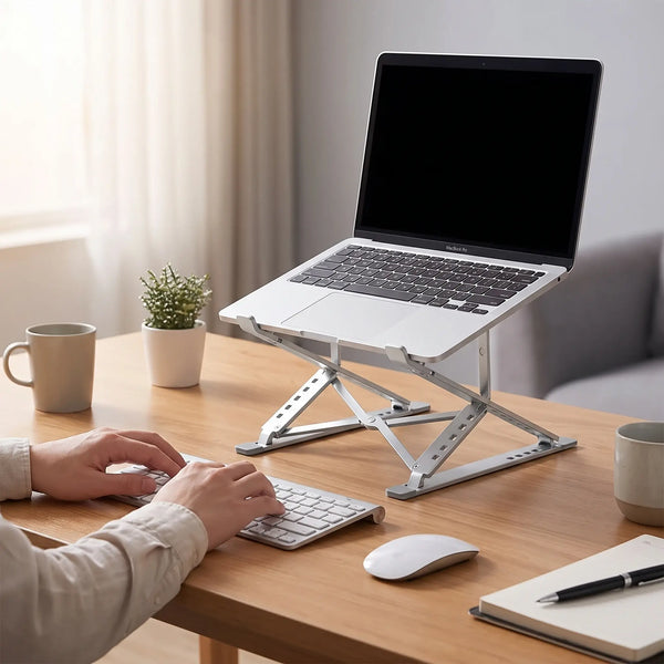 Person working with a laptop elevated on an adjustable aluminum laptop stand.