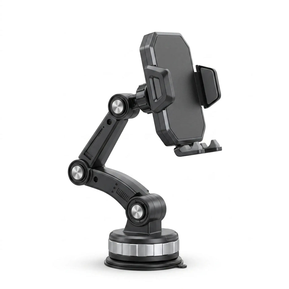 Dashboard Suction Phone Mount with adjustable multi-joint arm and suction-cup base