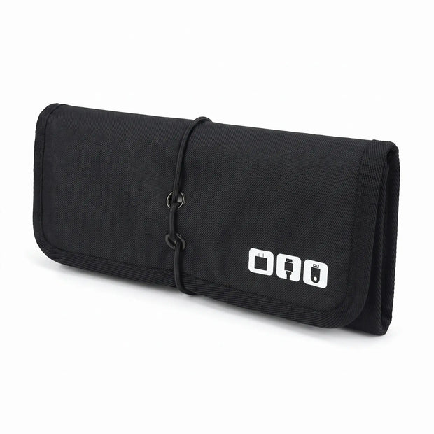 Black Roll-Up Cable Organizer Wrap closed with elastic cord closure
