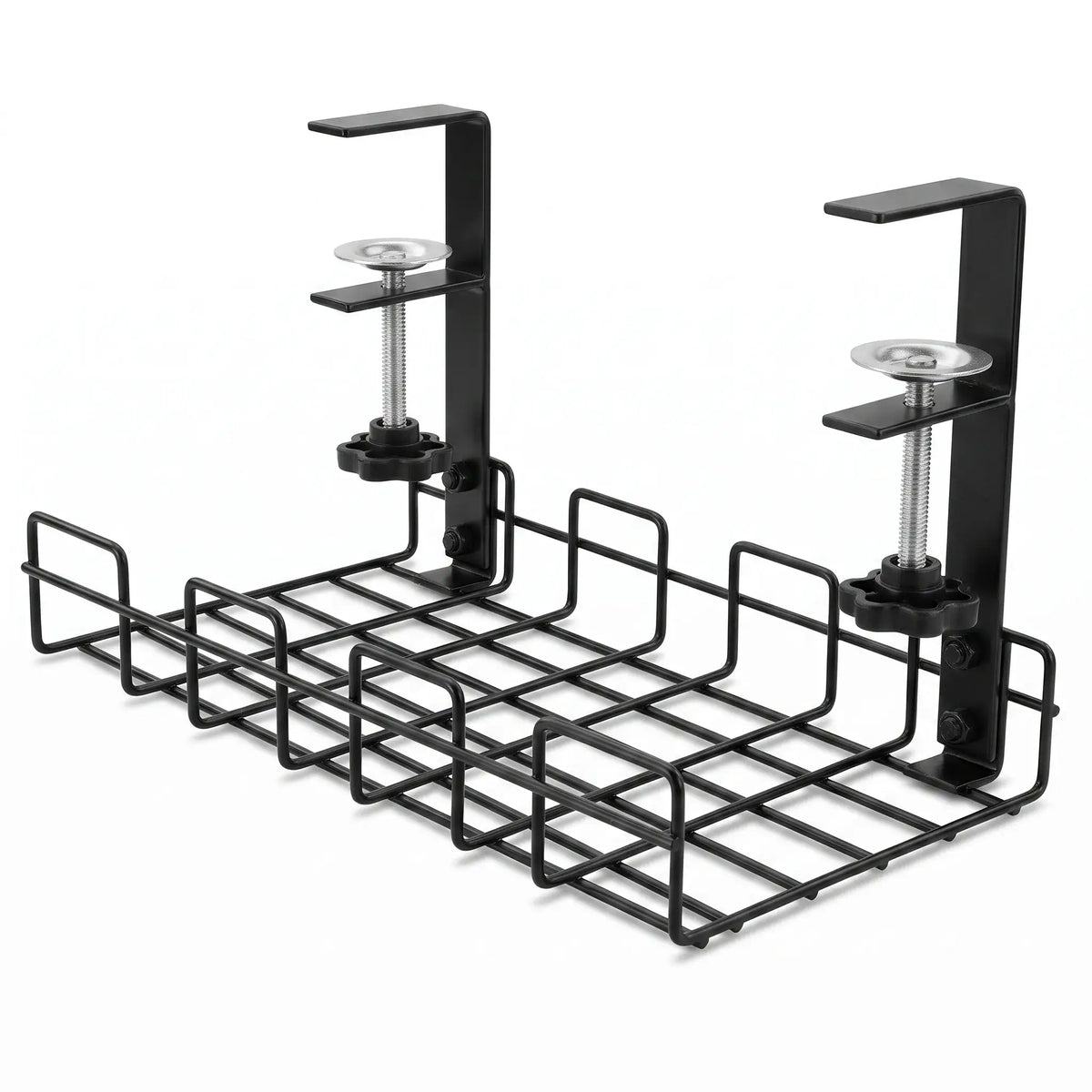 Black Under-Desk Cable Management Tray with dual clamp mounts and open wire basket.