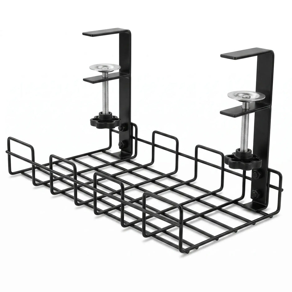 Black Under-Desk Cable Management Tray with dual clamp mounts and open wire basket.