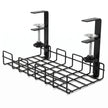 Black Under-Desk Cable Management Tray with dual clamp mounts and open wire basket.