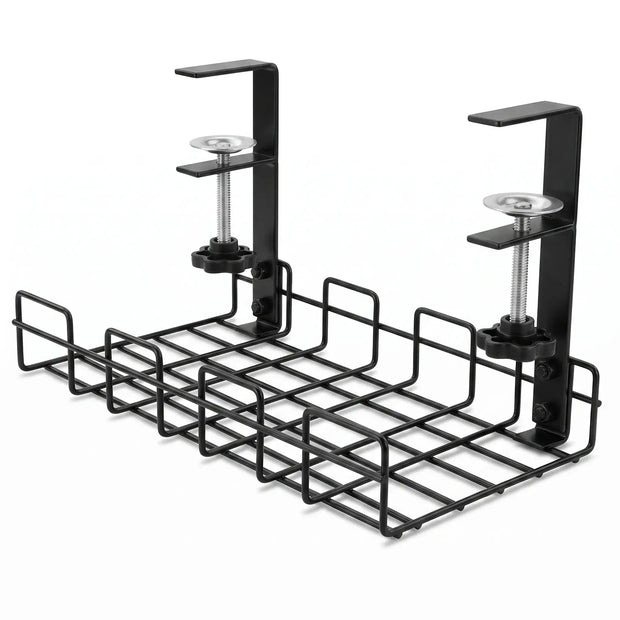 Black Under-Desk Cable Management Tray with dual clamp mounts and open wire basket.