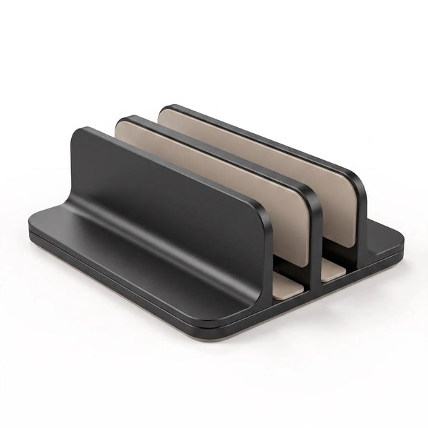 Matte black Dual-Slot Vertical Laptop Stand with two adjustable device slots