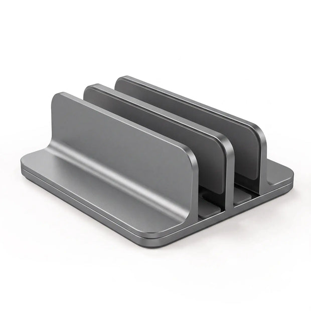 Graphite gray Dual-Slot Vertical Laptop Stand with two adjustable device slots