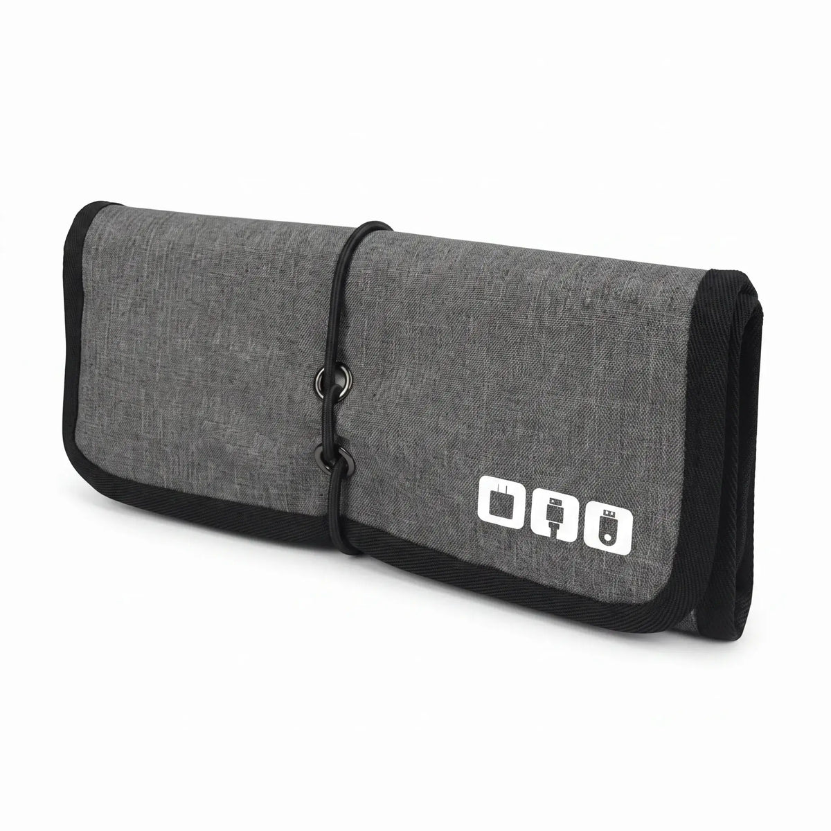 Gray Roll-Up Cable Organizer Wrap closed with elastic cord closure