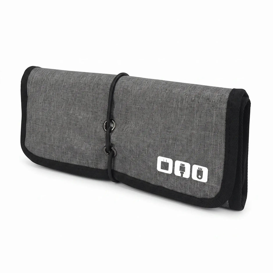 Gray Roll-Up Cable Organizer Wrap closed with elastic cord closure