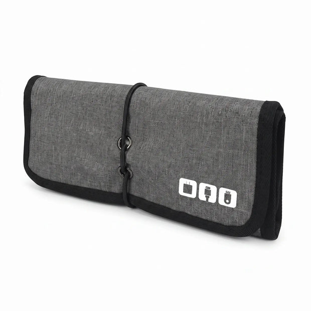 Gray Roll-Up Cable Organizer Wrap closed with elastic cord closure