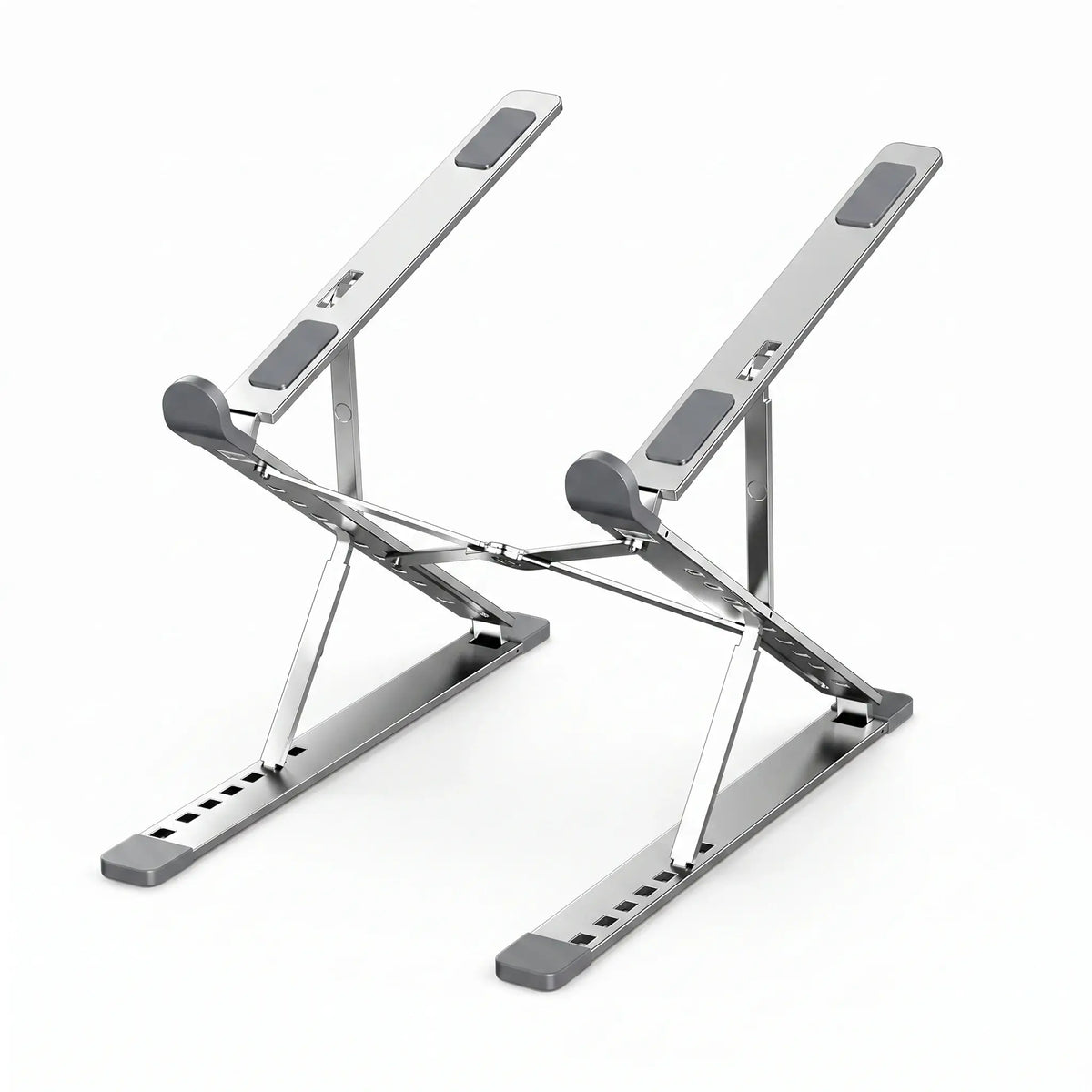Silver foldable aluminum laptop stand with adjustable height and angle positions.