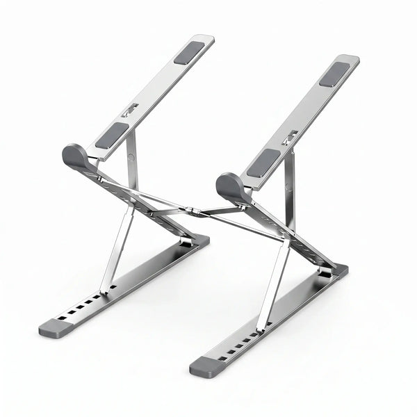 Silver foldable aluminum laptop stand with adjustable height and angle positions.