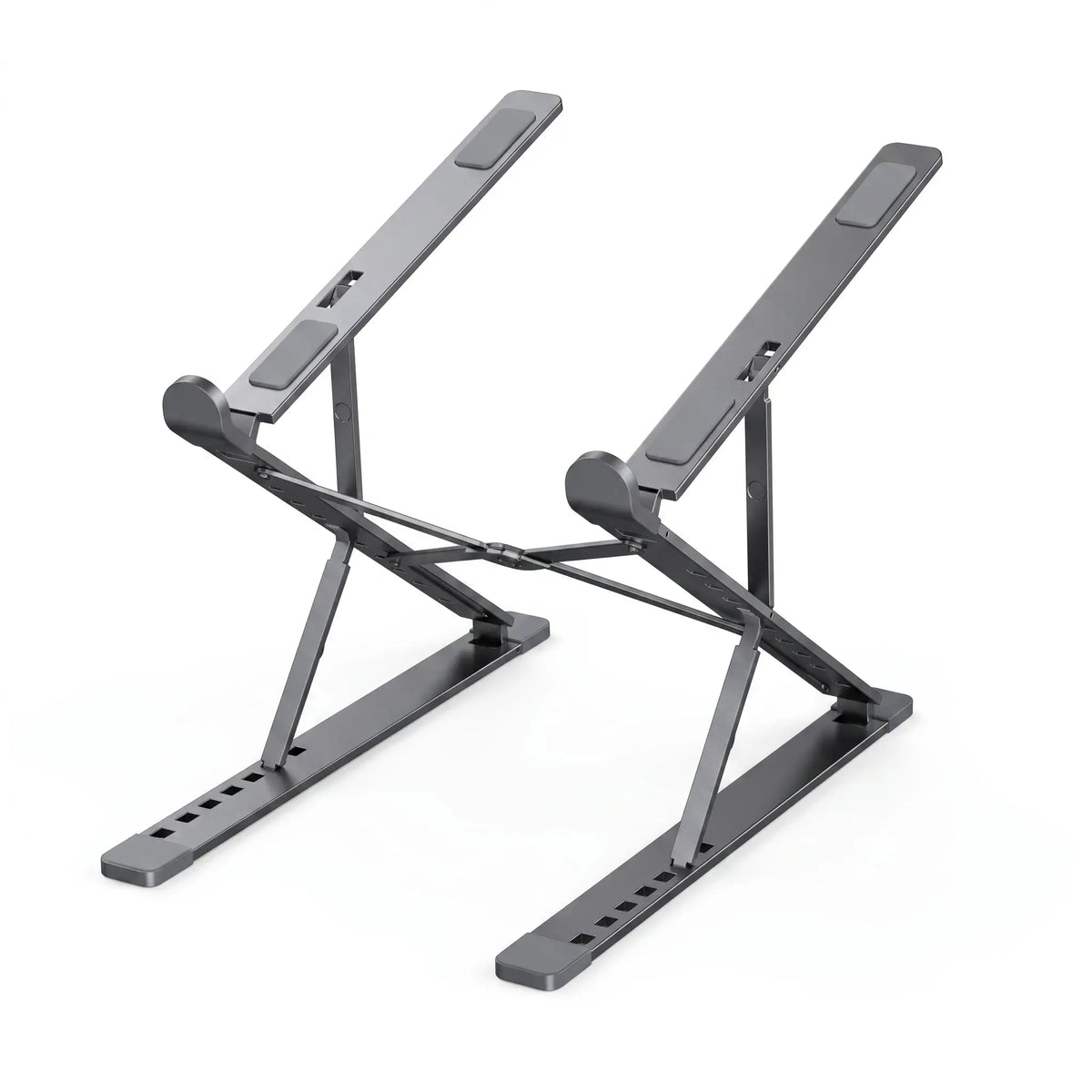 Graphite gray foldable aluminum laptop stand with adjustable height and angle positions.