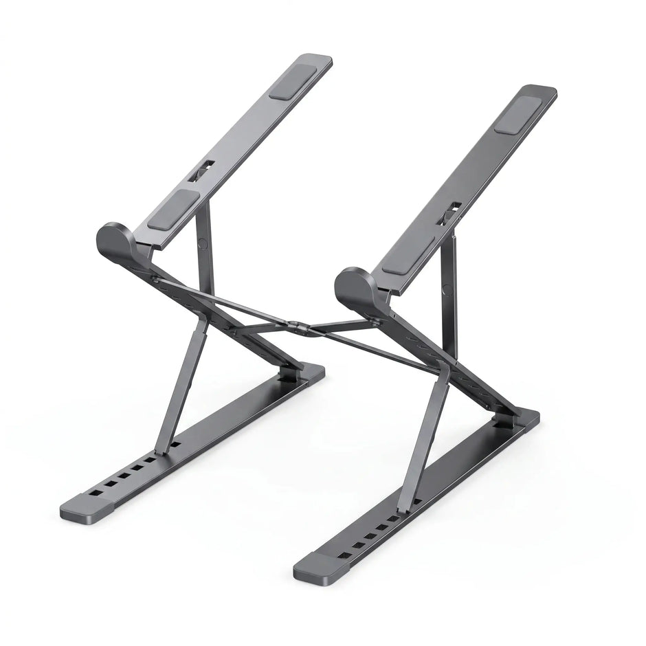 Graphite gray foldable aluminum laptop stand with adjustable height and angle positions.