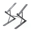 Graphite gray foldable aluminum laptop stand with adjustable height and angle positions.