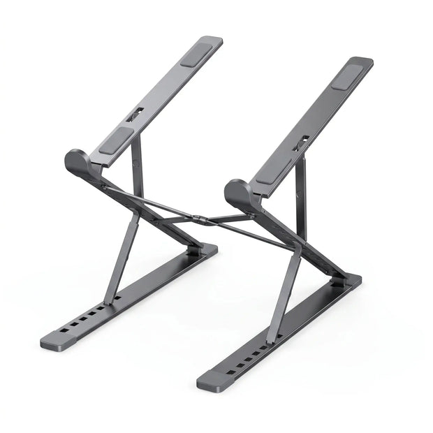 Graphite gray foldable aluminum laptop stand with adjustable height and angle positions.