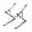 Silver foldable aluminum laptop stand with adjustable height and angle positions.