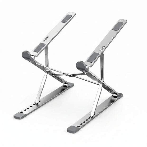 Silver foldable aluminum laptop stand with adjustable height and angle positions.
