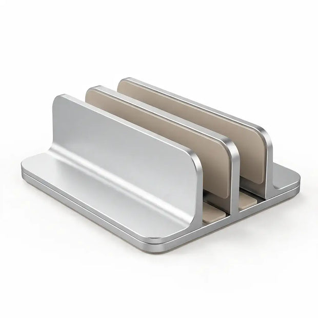 Silver Dual-Slot Vertical Laptop Stand with two adjustable device slots