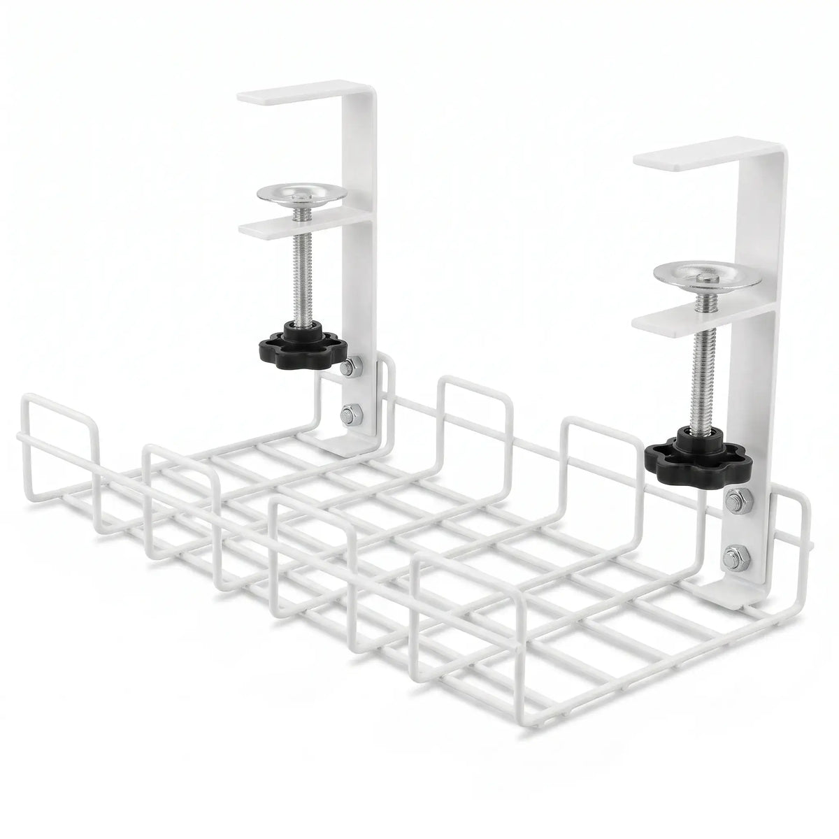 White Under-Desk Cable Management Tray with dual clamp mounts and open wire storage basket.