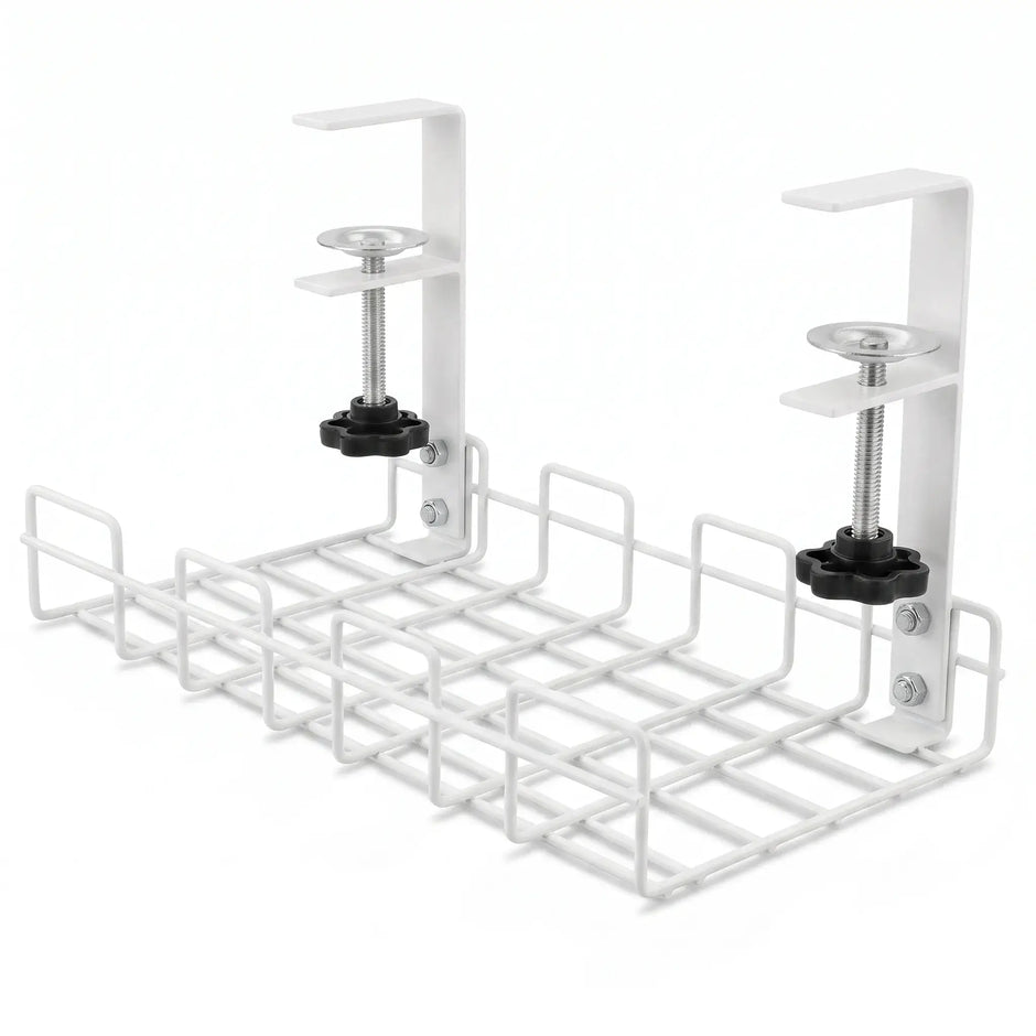 White Under-Desk Cable Management Tray with dual clamp mounts and open wire storage basket.
