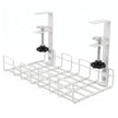White Under-Desk Cable Management Tray with dual clamp mounts and open wire storage basket.