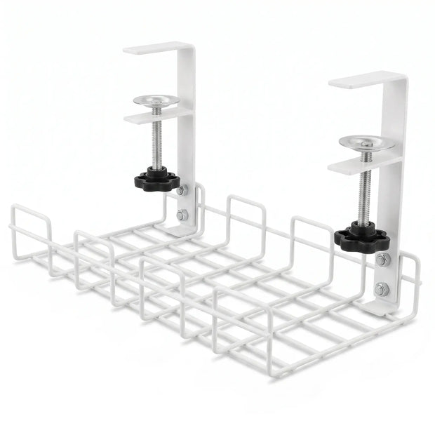 White Under-Desk Cable Management Tray with dual clamp mounts and open wire storage basket.
