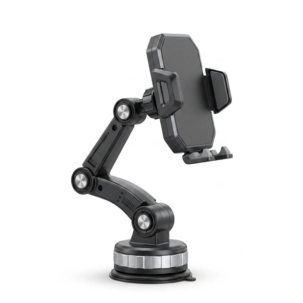Dashboard Suction Phone Mount with adjustable multi-joint arm and suction-cup base