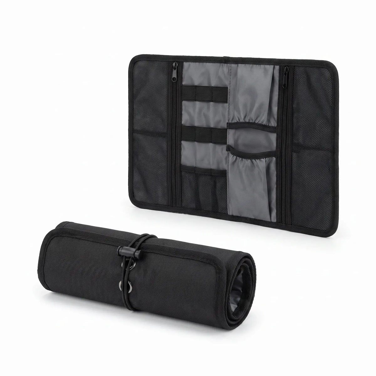 Roll-Up Cable Organizer Wrap shown open and rolled closed for compact storage