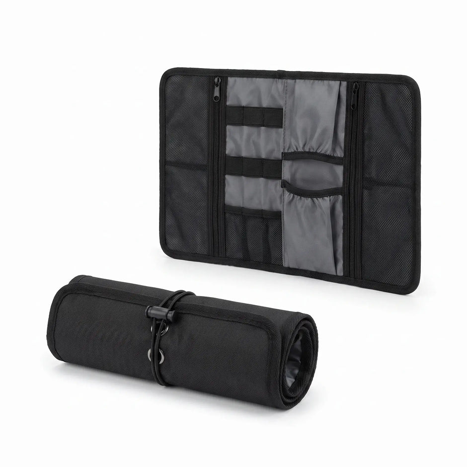Roll-Up Cable Organizer Wrap shown open and rolled closed for compact storage