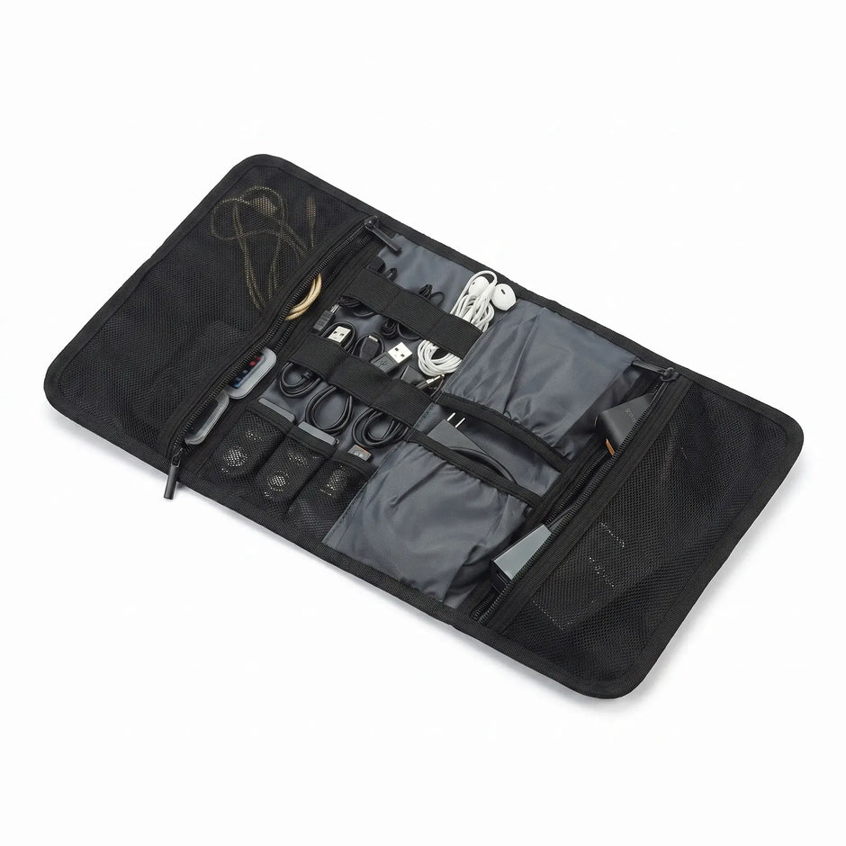 Open Roll-Up Cable Organizer Wrap holding cables, earbuds and compact tech accessories