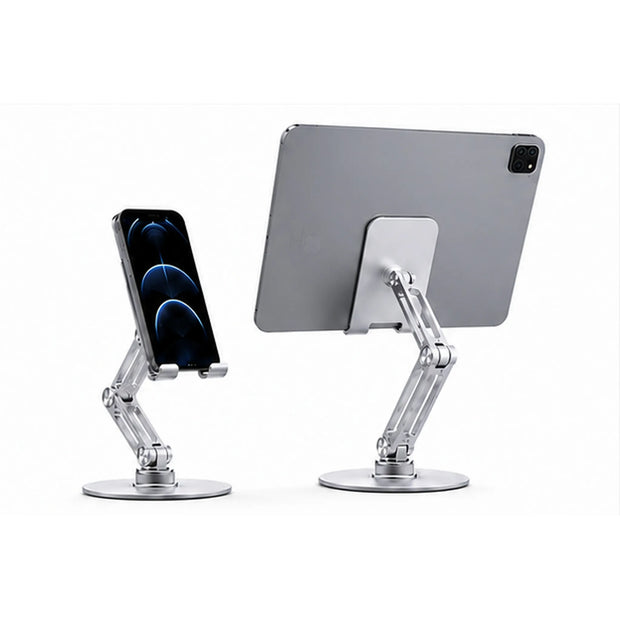 Adjustable aluminum stand supporting a smartphone and tablet in different viewing positions