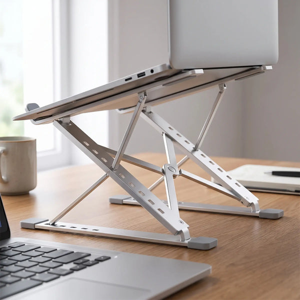 Close-up of adjustable supports and silicone contact pads on aluminum laptop stand.