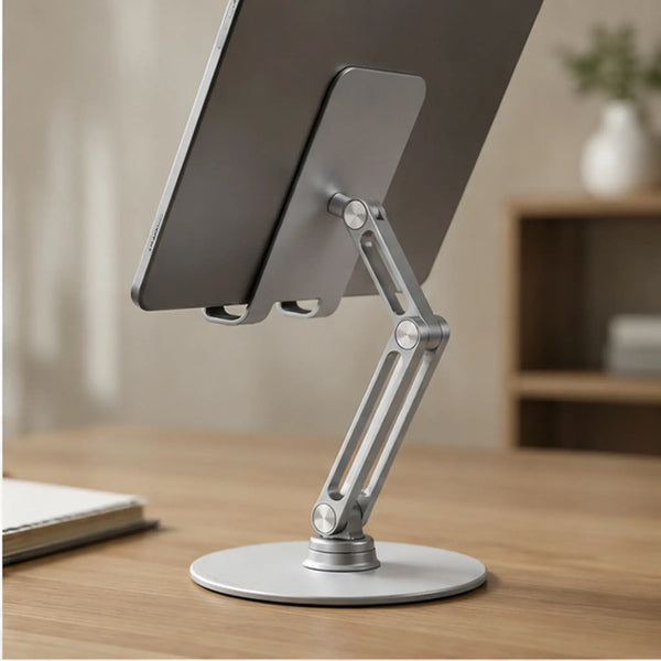 Close-up rear view of the adjustable phone and tablet stand showing its rotating joints and aluminum support arms