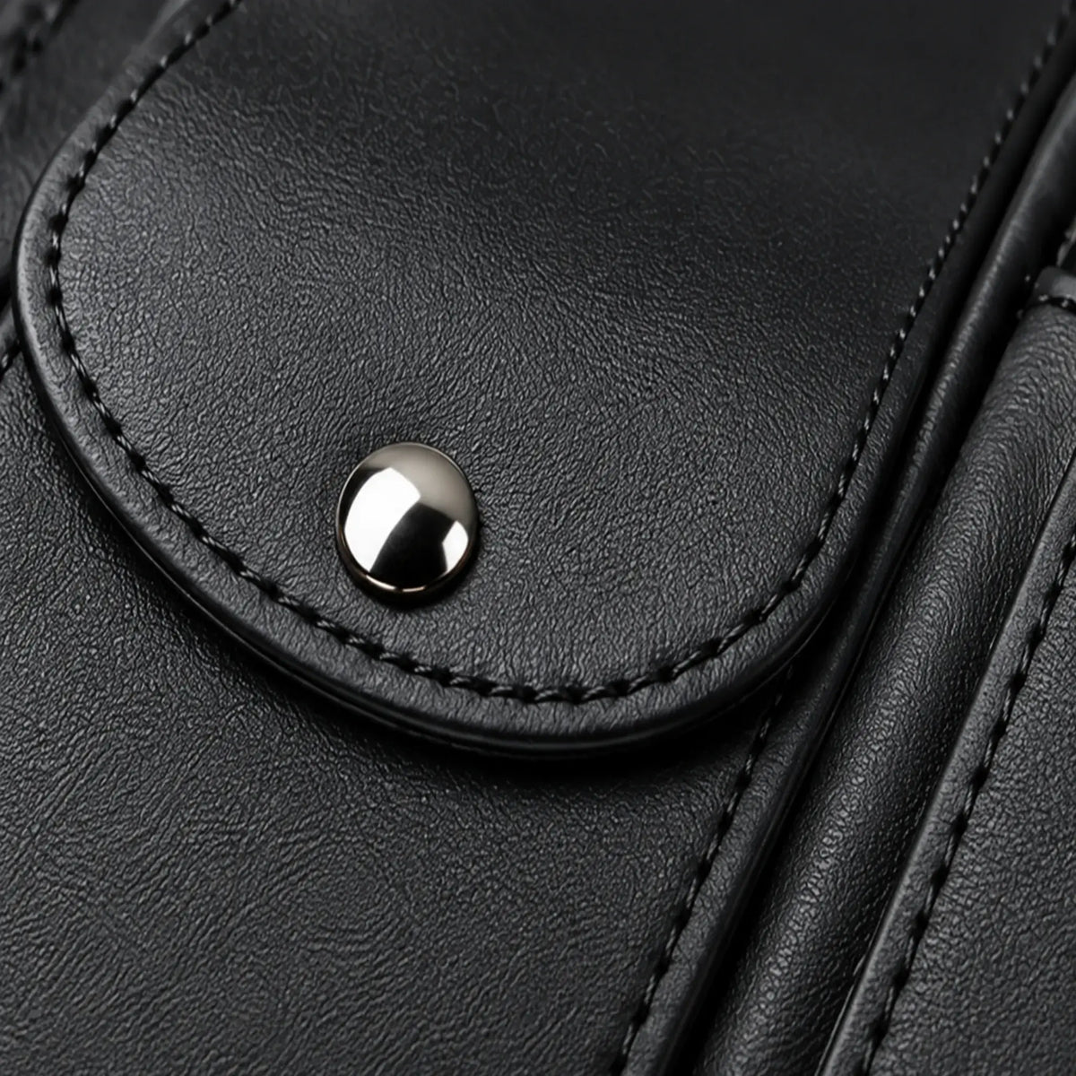Close-up of black faux-leather texture, clean stitching, rounded piping, and metal snap closure