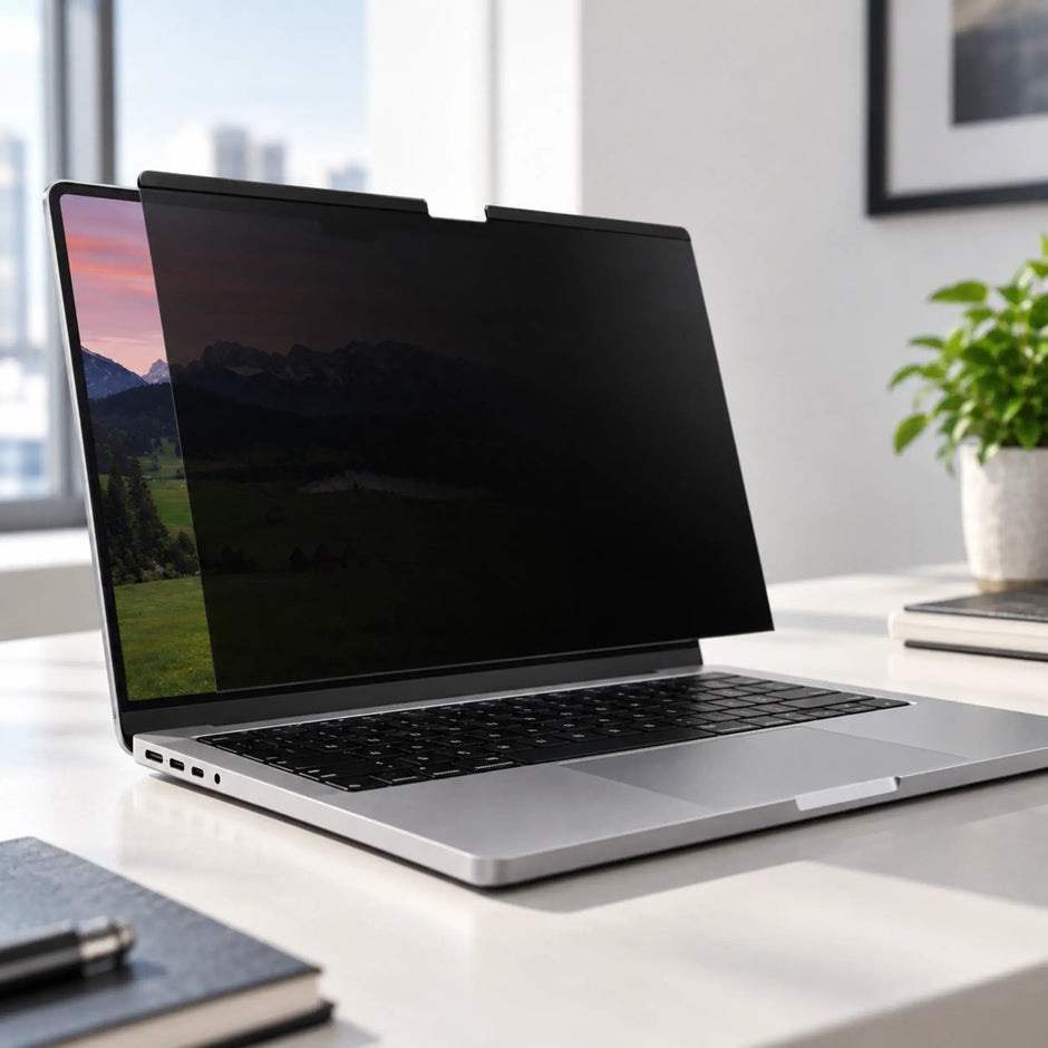 Side-angle view demonstrating reduced screen visibility through a magnetic MacBook privacy filter