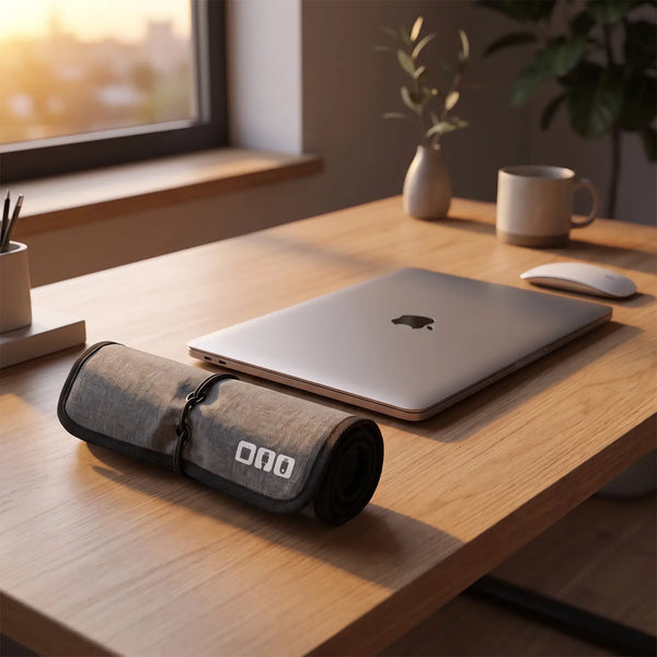 Roll-Up Cable Organizer Wrap packed closed on a tidy desk after daily use