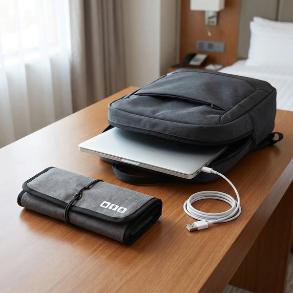 Rolled Cable Organizer Wrap beside a backpack ready for travel or remote work