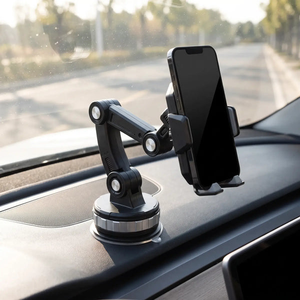 Dashboard Suction Phone Mount holding a smartphone in a comfortable dashboard viewing position