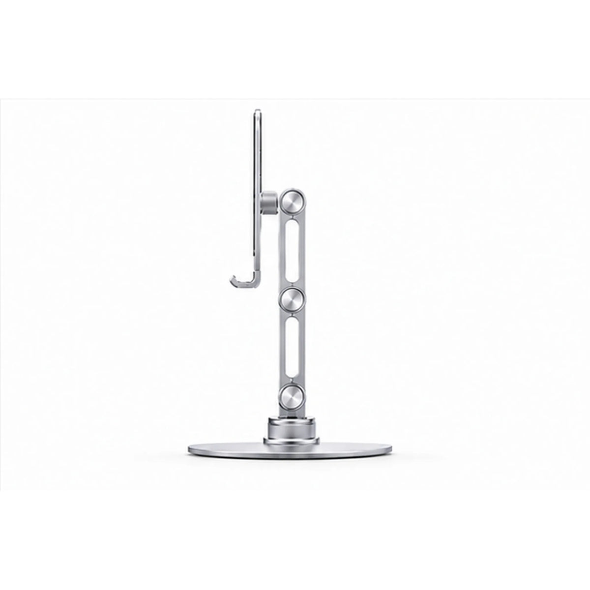 Side profile of adjustable aluminum phone and tablet stand showing articulated joints and support hooks
