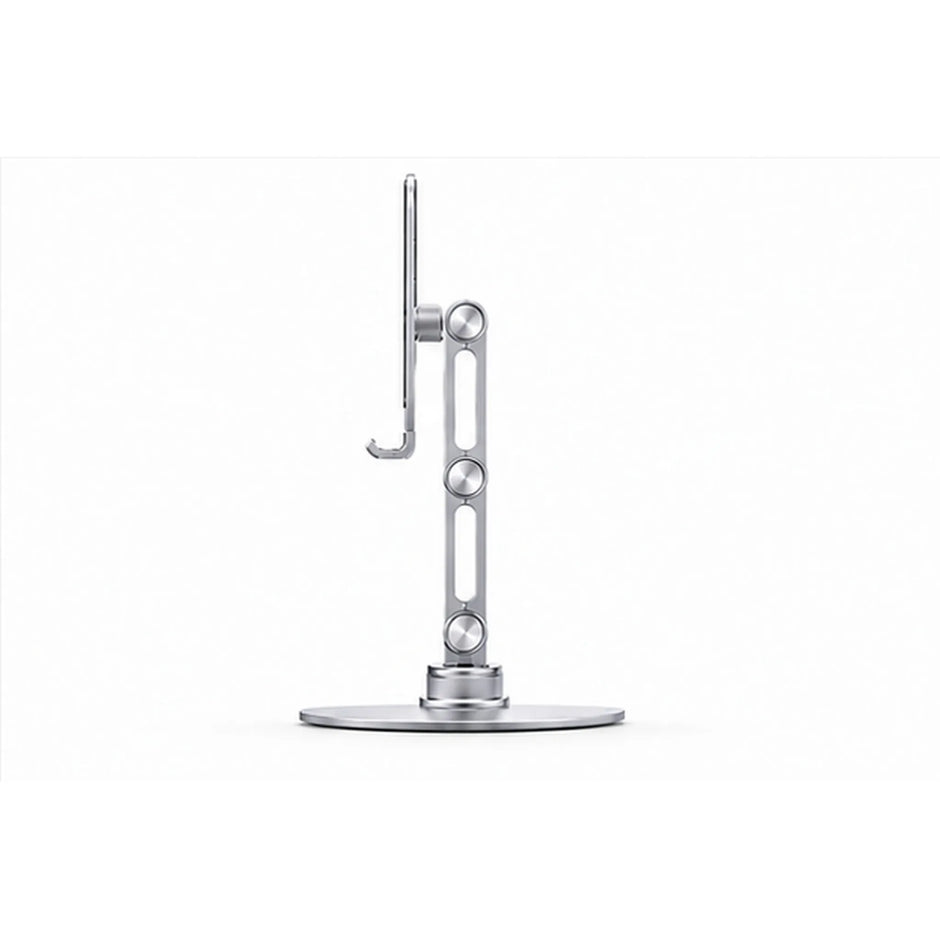 Side profile of adjustable aluminum phone and tablet stand showing articulated joints and support hooks