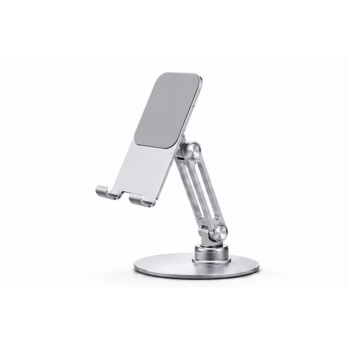 Silver adjustable aluminum phone and tablet stand with anti-slip silicone pads
