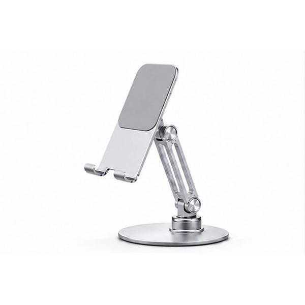 Silver adjustable aluminum phone and tablet stand with anti-slip silicone pads