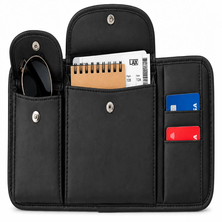 Open black sun visor organizer holding sunglasses, a small notebook, papers, and two cards