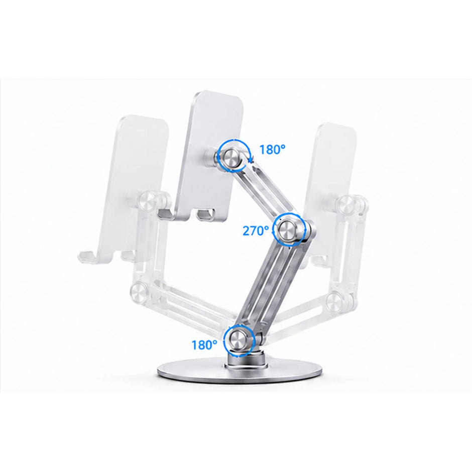 Three-joint adjustable phone and tablet stand showing 180 and 270 degree angle positions