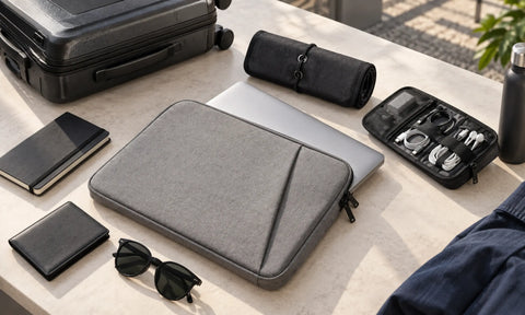 Padded laptop sleeve and compact tech organizers arranged for everyday travel carry