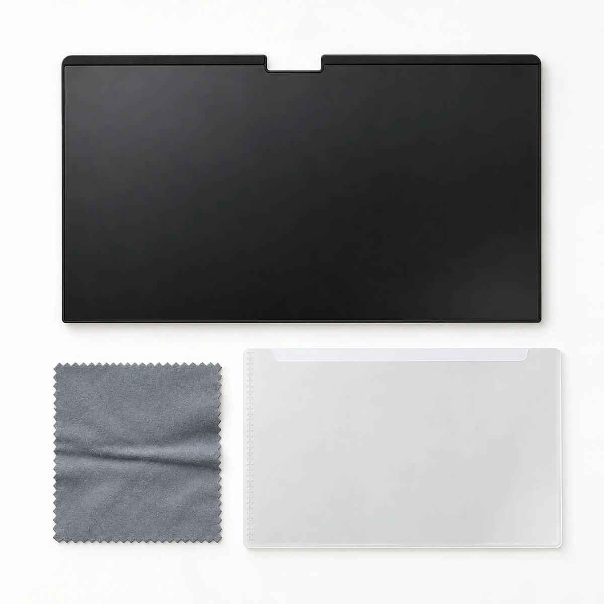 Magnetic MacBook privacy screen with included cleaning cloth and storage accessory